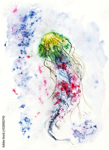 Jellyfish in seawater, watercolor drawing.