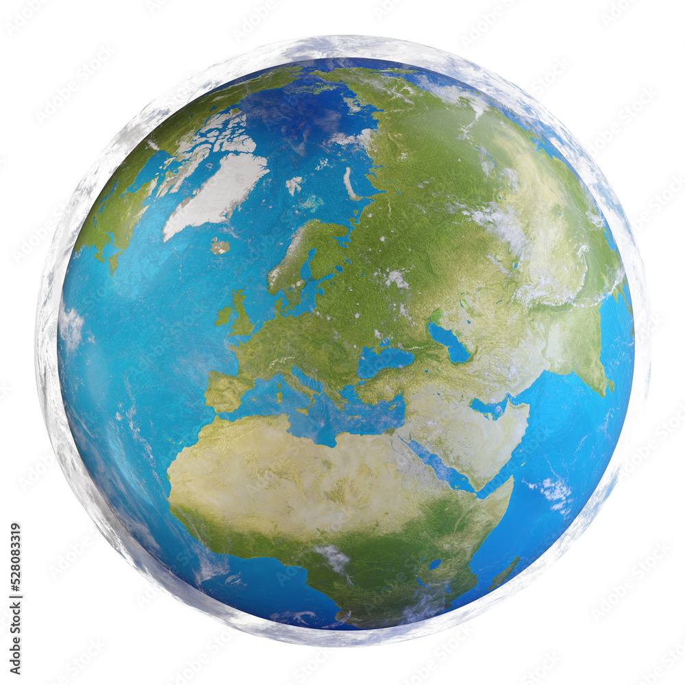 the planet earth, a globe with clouds as visible atmosphere, centre is Europe 3d-illustration