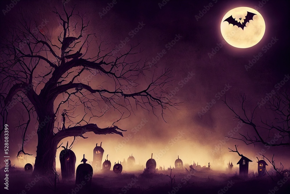 Halloween spooky background outside scene. Scary graveyard in creepy forest in october dark night autumn gloomy creepy graves with fog, castle and bats. Happy Halloween outdoor backdrop concept.