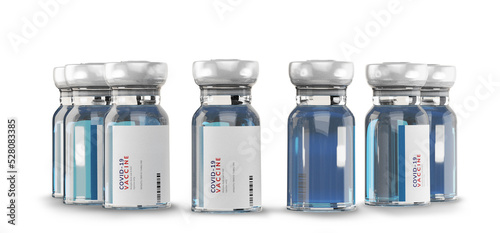 symbolic Covid-19 coronavirus vaccine vials in a row. Several vials with the Covid-19 vaccine with symbolic sample texts on the labels isolated 3d-illustration