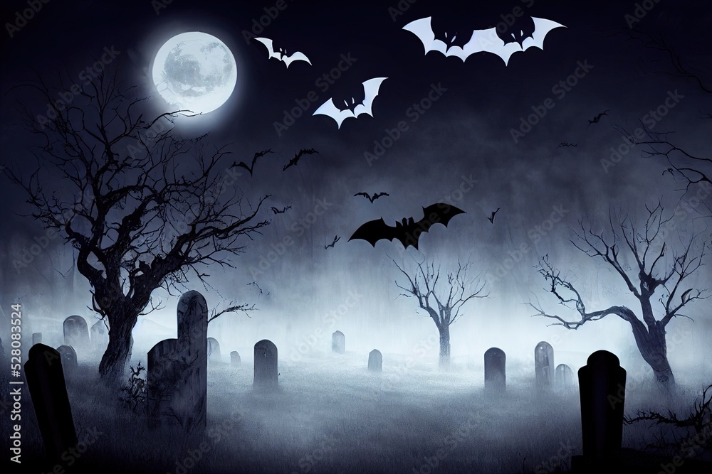 Fototapeta premium Halloween spooky background outside scene. Scary graveyard in creepy forest in october dark night autumn gloomy creepy graves with fog, castle and bats. Happy Halloween outdoor backdrop concept.