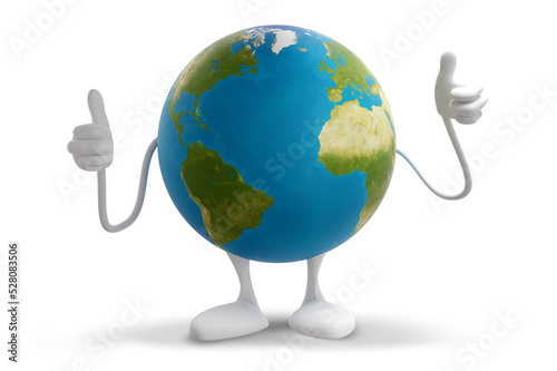 Fototapeta Naklejka Na Ścianę i Meble -  the planet earth, globe, a comic figure as a character with thumbs up isolated 3d-illustration. elements of this image furnished by NASA
