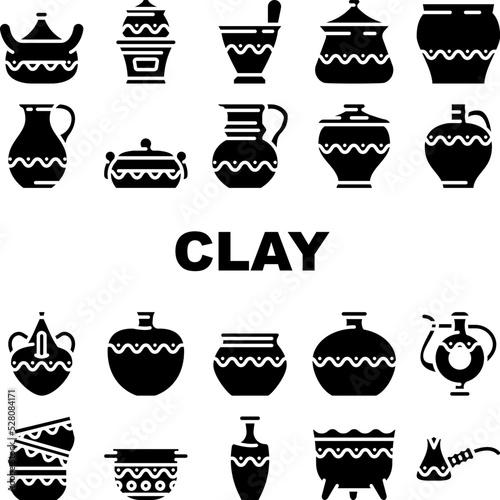 clay pot ceramic pottery bowl icons set vector. traditional vase food, old art, ancient earthware, craft jug, kitchen brown dish clay pot ceramic pottery bowl glyph pictogram Illustrations