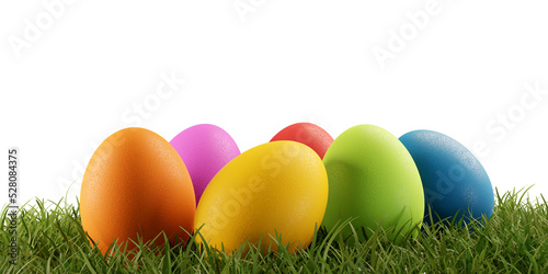 colored Easter eggs in high grass, green blades, meadow or lawn as garden 3d-illustration