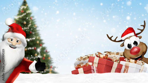 Santa Claus character with thumb up and a smiling deer with a green Christmas tree, a green fir decorated, snow and Christmas presents red white and golden wrapped paper 3d-illustration