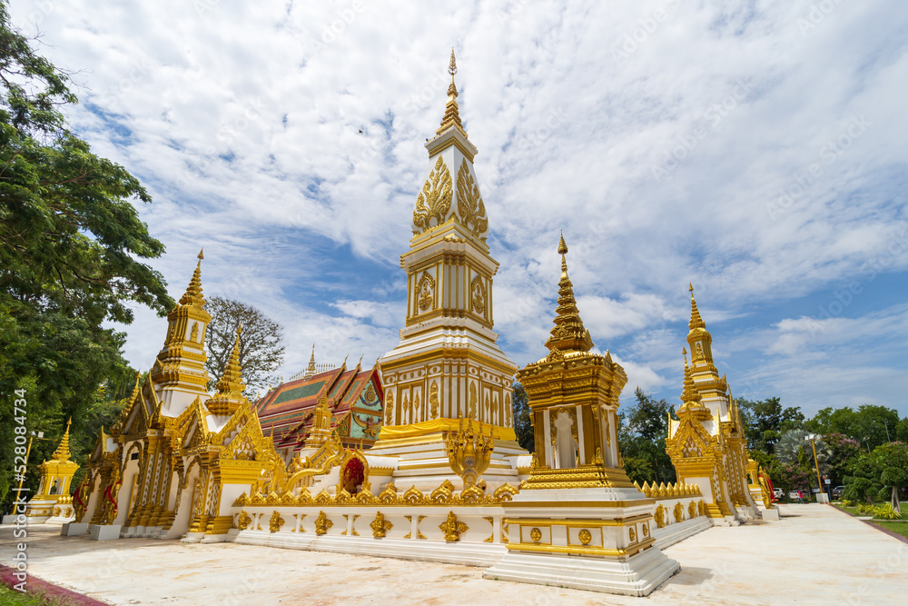 Nakhon Phanom, Thailand, July 31, 2022: Wat Marukkha Nakhon has a beautiful chedi shaped like Phra That Phanom. Nakhon Phanom Province, Thailand