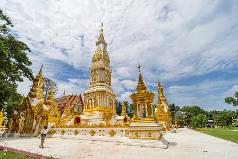 Nakhon Phanom, Thailand, July 31, 2022: Wat Marukkha Nakhon has a beautiful chedi shaped like Phra That Phanom. Nakhon Phanom Province, Thailand