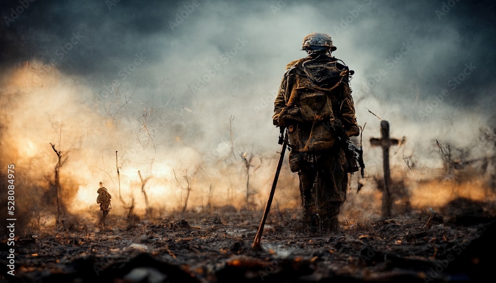 Naklejka premium illustration of a last soldier on a battlefield