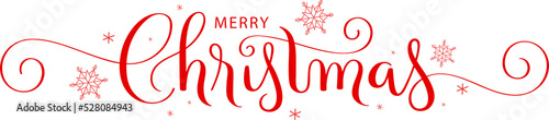 Red MERRY CHRISTMAS brush calligraphy banner with spirals and snowflakes on transparent background