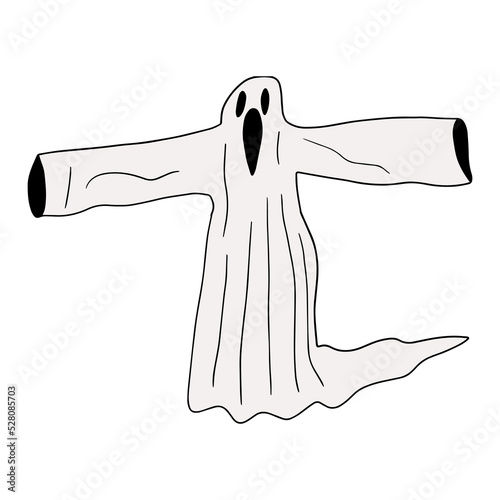 Cartoon doodle linear spooky ghost isolated on white background.