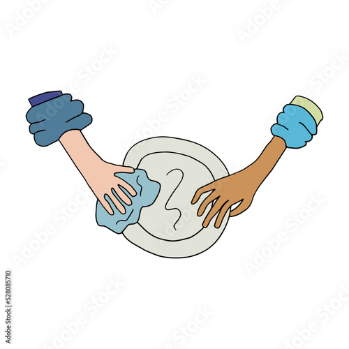 A doodle person's hand washes a plate and gives it to another person isolated on white background. Restaurant concept.