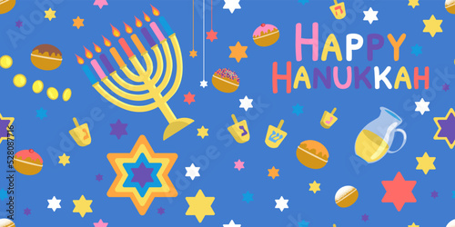 Happy Hanukkah seamless pattern. Hanukka endless border. Celebration card with menorah, David stars, sufganiyah, dreidel Vector illustration in flat cartoon style 