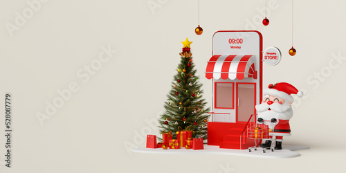 Christmas shopping online on mobile concept, Santa Claus pushing a shopping cart with gift box in front of mobile shop, 3d illustration © NuTz