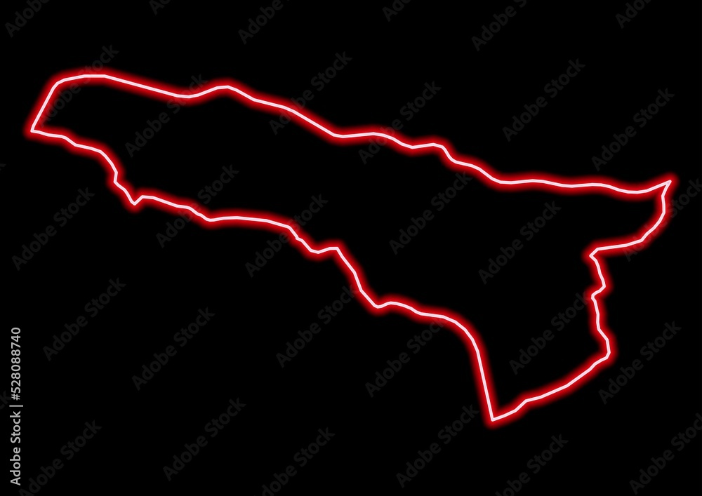 Red glowing neon map of Abkhazia Georgia on black background.