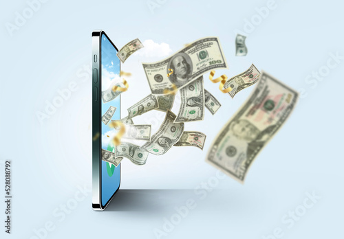 Mobile smartphone and flying money on a gray background. Concept of mobile banking and money transfer application. Successful winning cash. Creative payment idea
