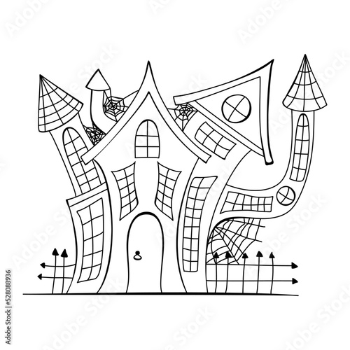 Illustration of a silhouette of a scary house with monsters and a ghost on Halloween. Spooky house.