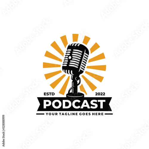 Podcast logo design. Vintage microphone logo