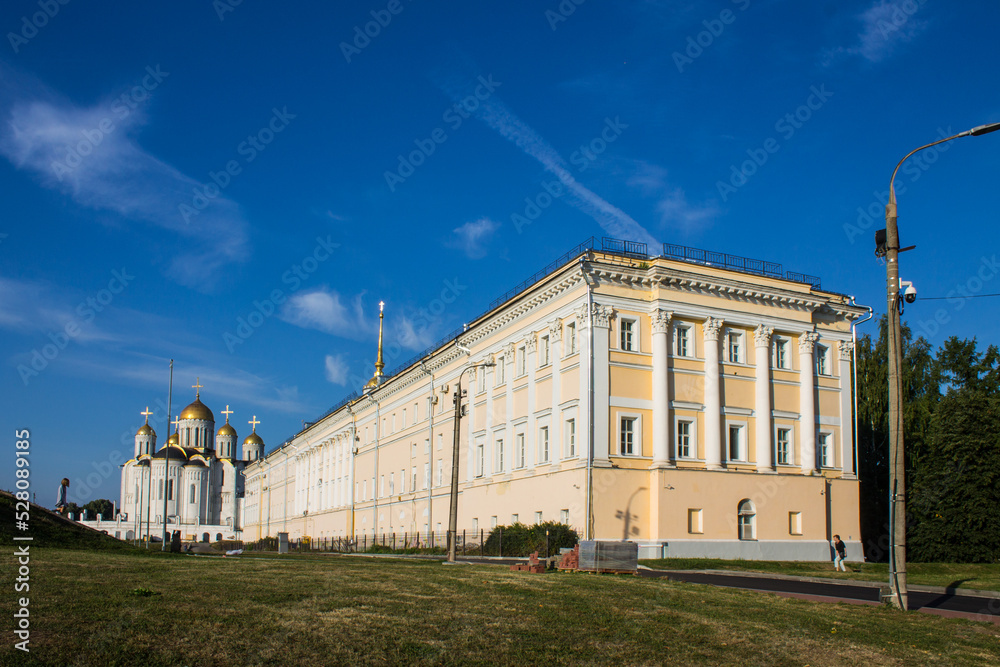 Vladimir, Russia - August, 17, 2022: facade of the historical building of the Museum-reserve and the Museum of Ancient Russian Architecture