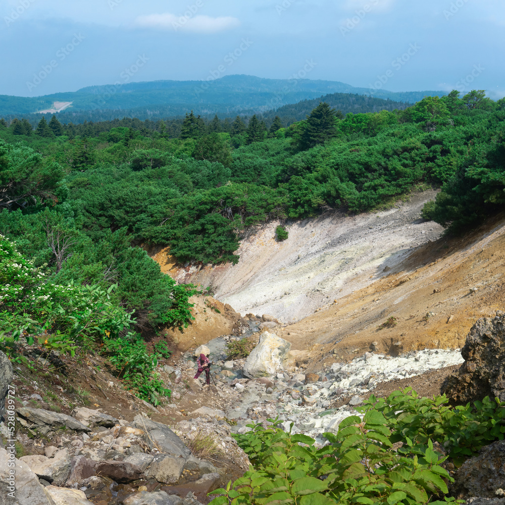tourist photographs a geothermal mineralized stream on the slope of the Mendeleev volcano, Kunashir island tourist photographs a geothermal mineralized stream on the slope of the Mendeleev volcano, Kunashir island