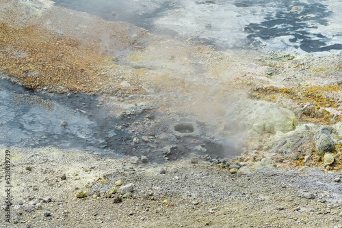 hydrothermal outlet on the shore of the hot lake in the caldera of the Golovnin volcano on the island of Kunashir