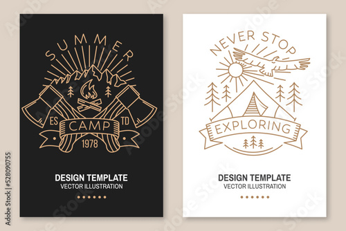 Set of camping inspirational quotes. Vector illustration. Flyer, brochure, banner, poster line art typography design with camp fire, condor, tent, mountain, axe and forest silhouette.