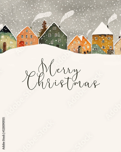 Merry Christmas card painted with watercolor. Old winter houses under the snowfall