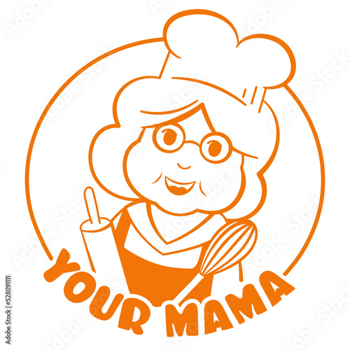 Round logo for cafe confectionery or bakery with cute grandma character in cook cap, vintage retro bakery shop label sticker in outline style