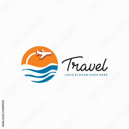 Travel logo, sun beach airplane logo vector image