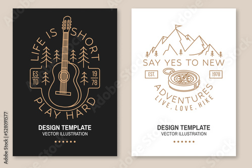 Set of camping inspirational quotes. Vector. Flyer, brochure, banner, poster line art typography design with guitar, forest, compass and mountain silhouette.