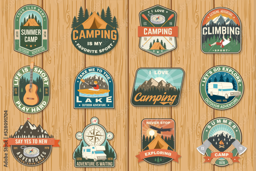 Set of camping badges Logo Patch. Vector illustration. Concept for shirt or logo, print, stamp or tee. Vintage typography design with guitar, man in canoe, lake, compass, camper rv , tent and forest