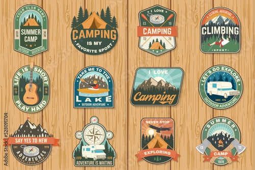 Set of camping badges Logo Patch. Vector illustration. Concept for shirt or logo, print, stamp or tee. Vintage typography design with guitar, man in canoe, lake, compass, camper rv , tent and forest
