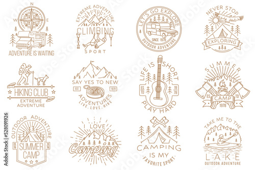 Set of camping badges design on chalkboard. Vector illustration. Concept for shirt or logo, print, stamp or tee. Vintage line art typography design with man in canoe, lake, camper rv , tent and forest