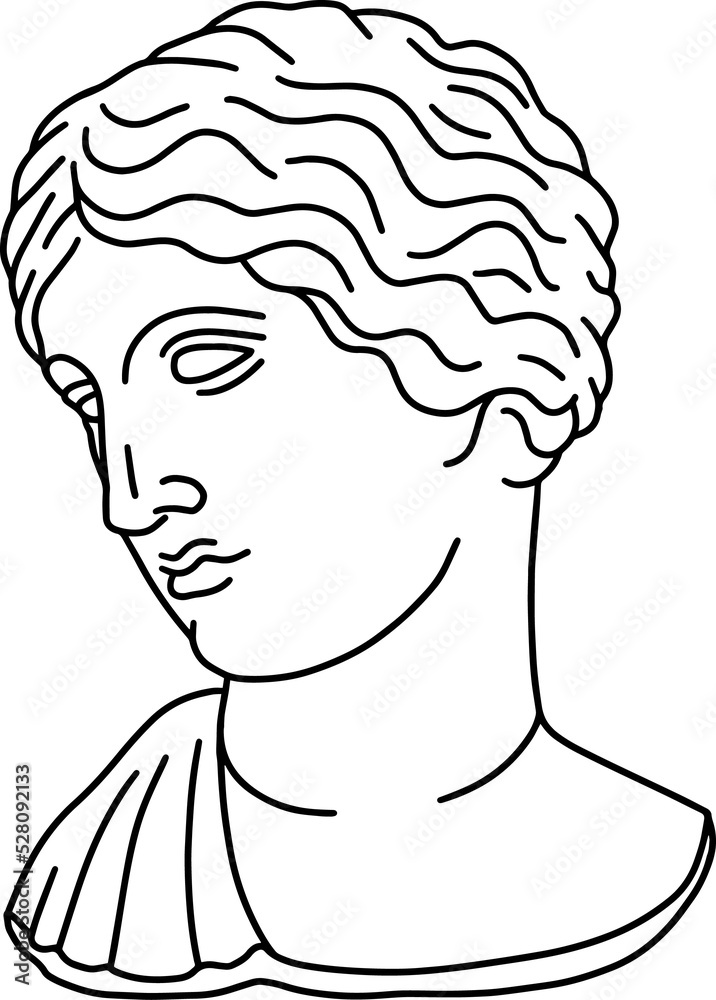 Hand drawn line art of antique Greek girl head. Illustration of classic greek sculpture