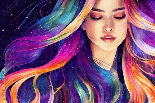 Watercolor illustration Woman girl beautiful color rainbow hair. Stars in your hair