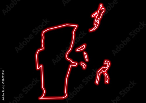 Red glowing neon map of Belize Belize on black background.