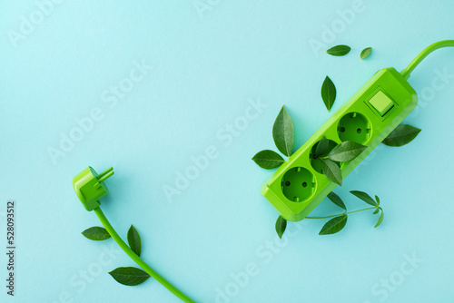 Green electric power socket with fresh leaves top view. Renewable and saving energy, eco or green power consumption concept.