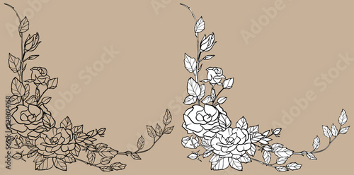 Corner element openwork floral frame vector vertical spring card. Black and white flowering branches.