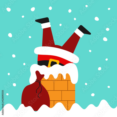 Santa Claus stuck in a chimney in snowy weather. Cartoon Christmas illustration. Winter holidays theme. Vector illustration in flat style.