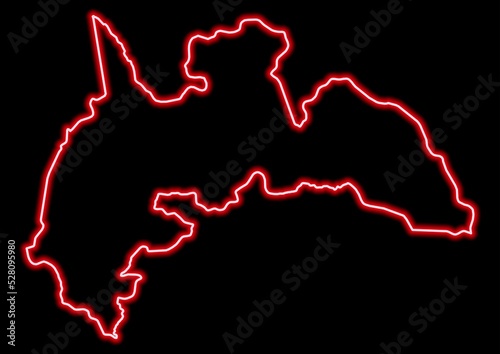 Red glowing neon map of Brong Ahafo Ghana on black background.