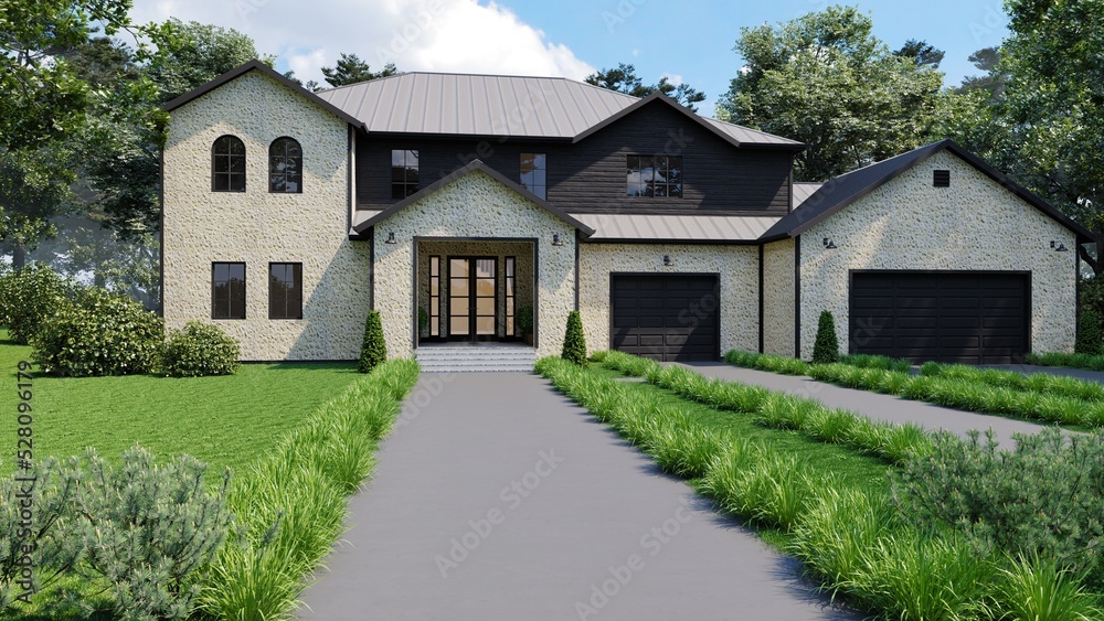 Large beautiful house with two garages. 3d render of a house. 