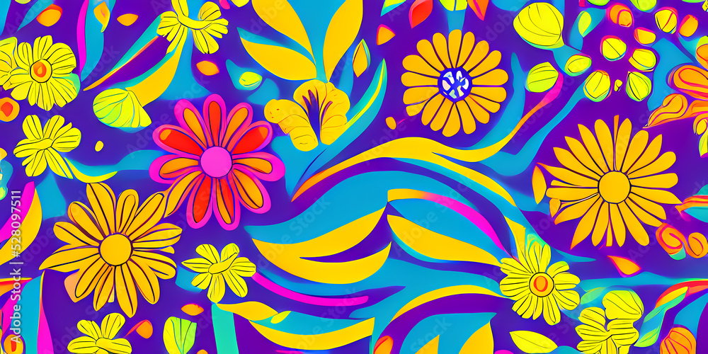 Digital illustration with flower and leaves pattern and multicolor nature background Digital illustration with flower and leaves pattern and multicolor nature background