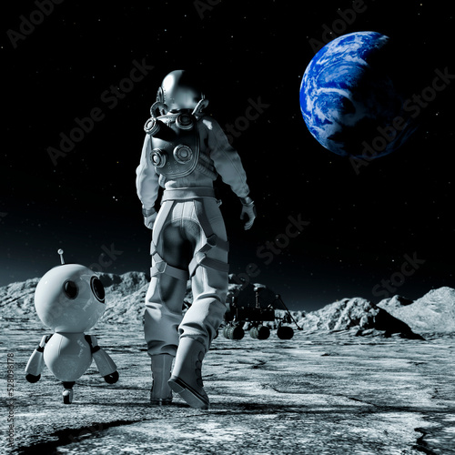 Astronaut and small robot at the spacewalk on the moon looking at the earth. © akarb