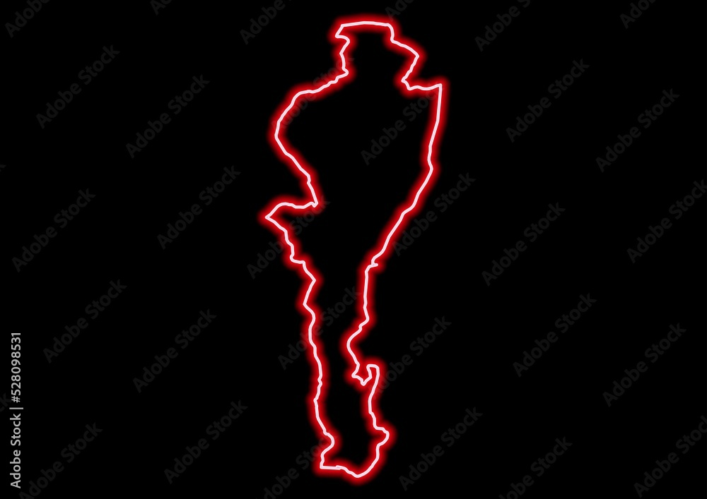 Red glowing neon map of Cesar Colombia on black background. Red glowing neon map of Cesar Colombia on black background.