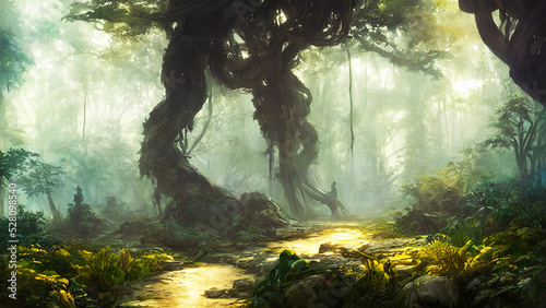 green forest landscape with sunlight and magic tree