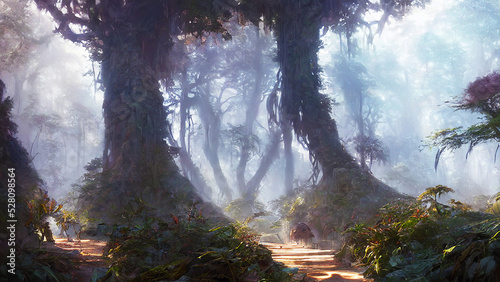 green forest landscape with sunlight and dark trees