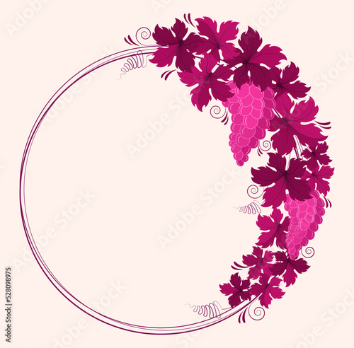 
Wreath pattern from branches of leaves and bunches of grapes in vintage style. Design element for the concept of growing grapes and making wine. Vector illustration in red wine color.