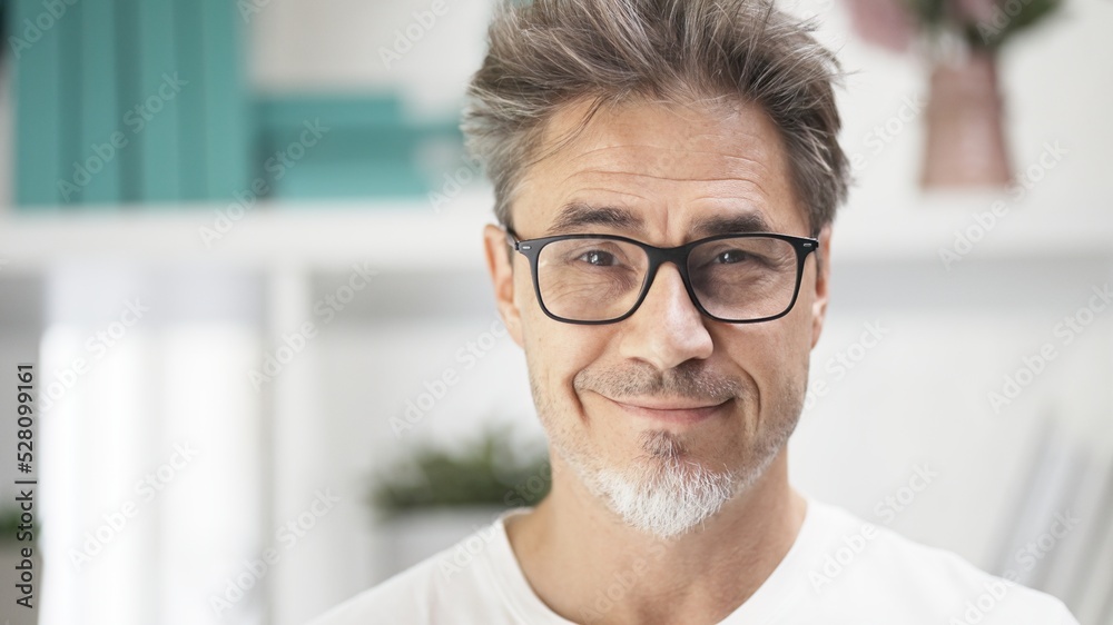 Happy uncombed middle aged man at home, smiling. Portrait of mid adult, mature age man in glasses, Happy uncombed middle aged man at home, smiling. Portrait of mid adult, mature age man in glasses,