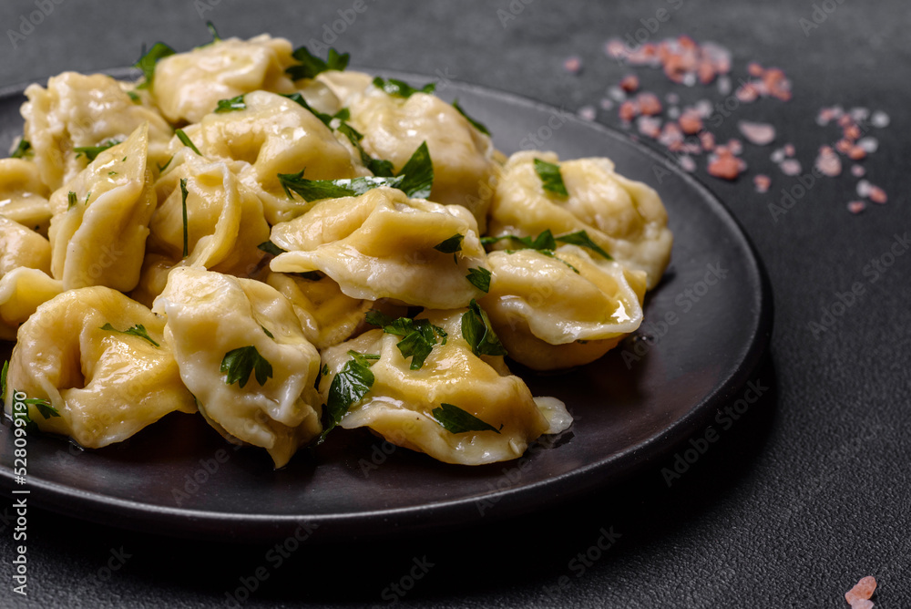 Delicious fresh dumplings with turkey meat, with spices and herbs Delicious fresh dumplings with turkey meat, with spices and herbs