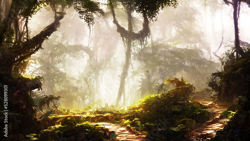 green forest landscape with strong sunlight and mist
