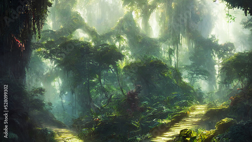 green forest landscape with sunlight and high trees
